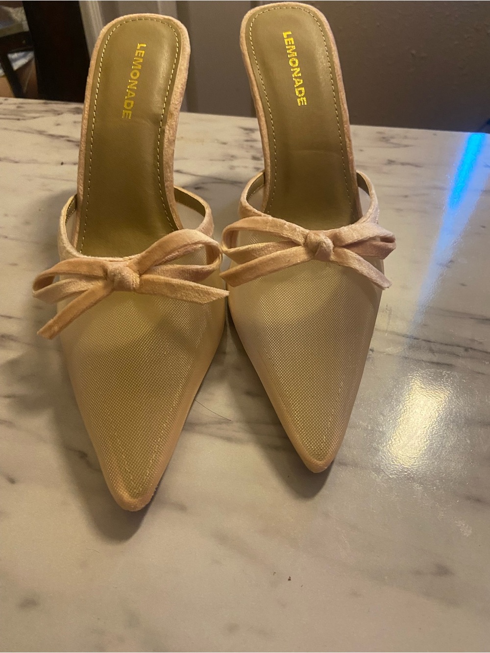 Lemon Pointed Toe Bow Mules in Light Blush